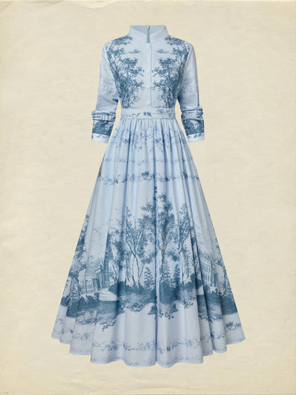 Robe longue en coton, manches longues, col montant, motif floral, poches, style vintage, bleue