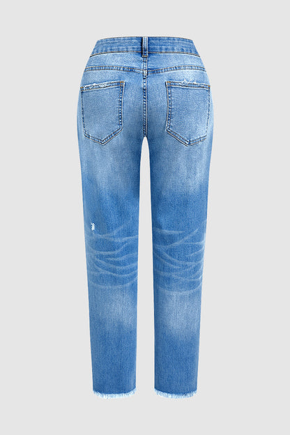 Raw Hem Ripped Mid Waist Straight Leg Crop Jeans