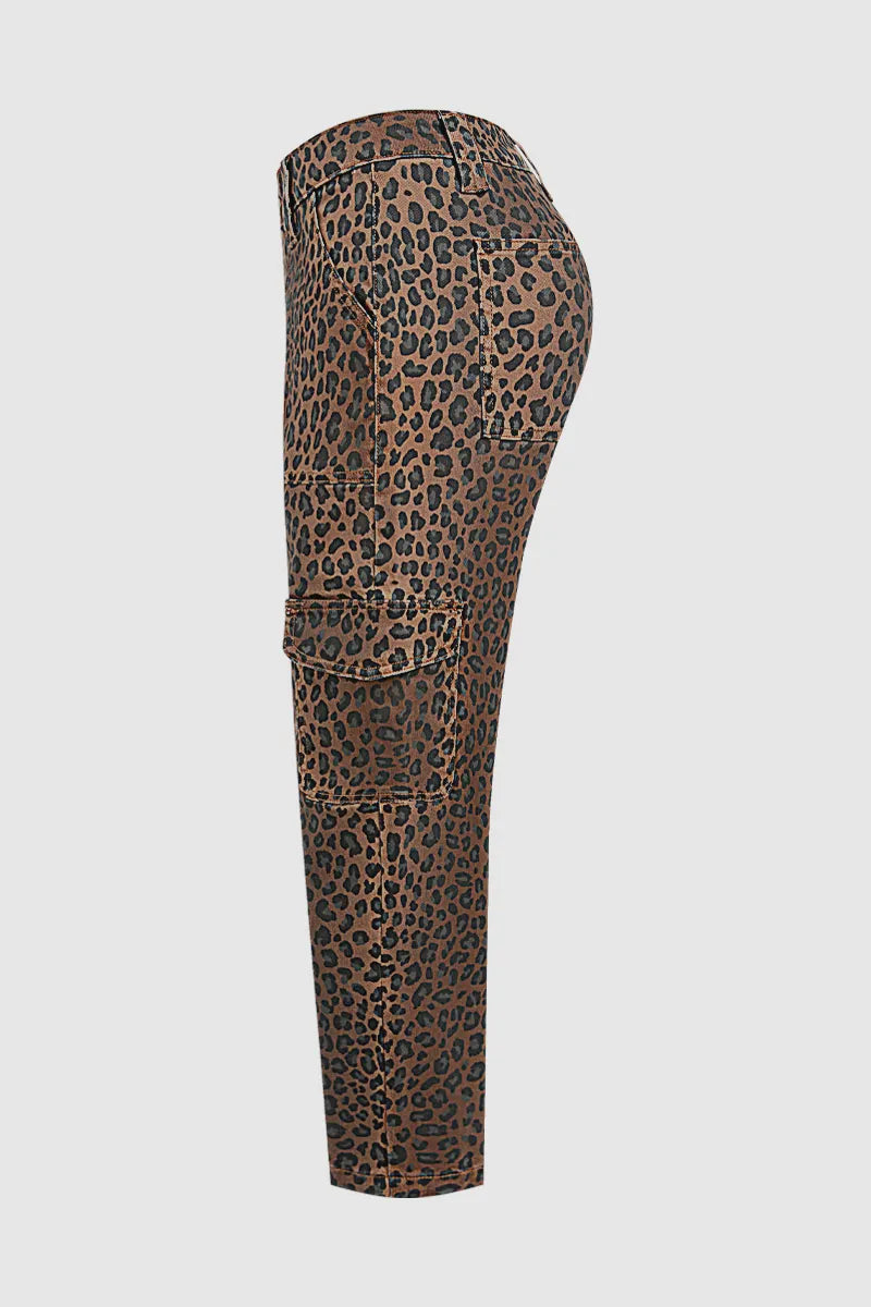 Leopard Print Flap Pocket High Waist Tapered Cargo Crop Pants Without Belt