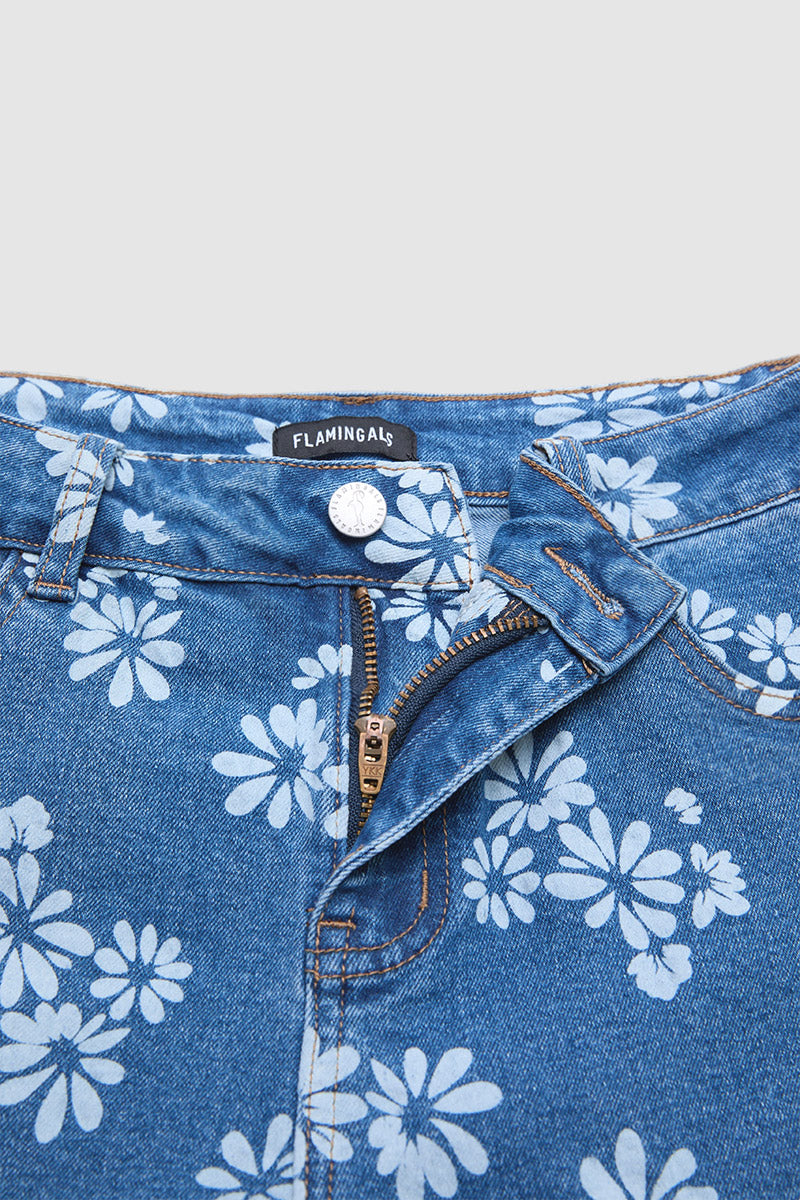 Wash Floral Print Ruffle Hem High Waist Wide Leg Jeans