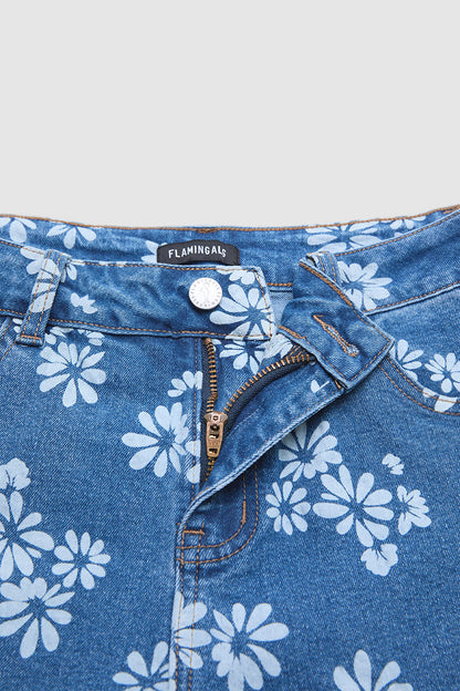 Wash Floral Print Ruffle Hem High Waist Wide Leg Jeans