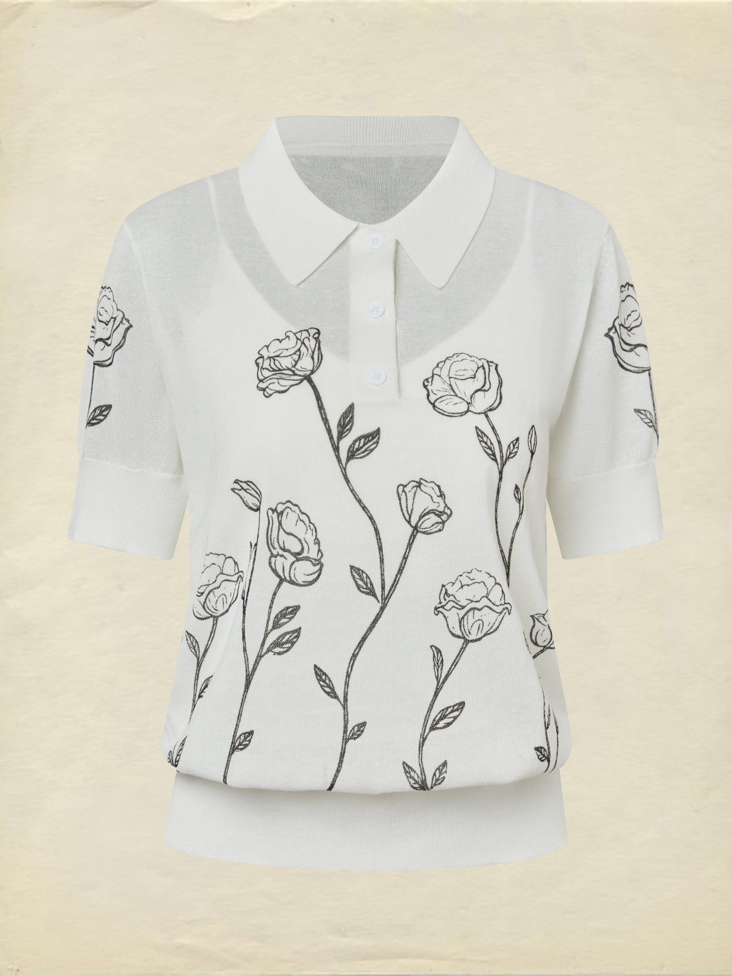 Pull, manches courtes, col châle, floral, boutons décoratifs, gilet intérieur non inclus, blanc