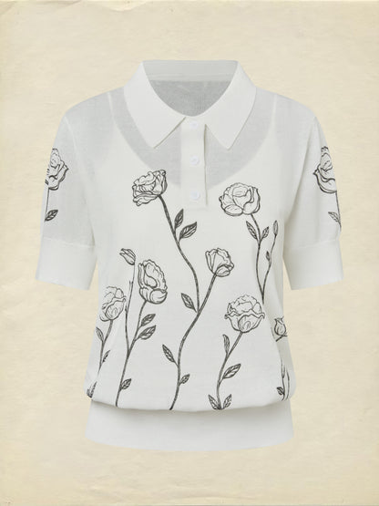 Pull, manches courtes, col châle, floral, boutons décoratifs, gilet intérieur non inclus, blanc