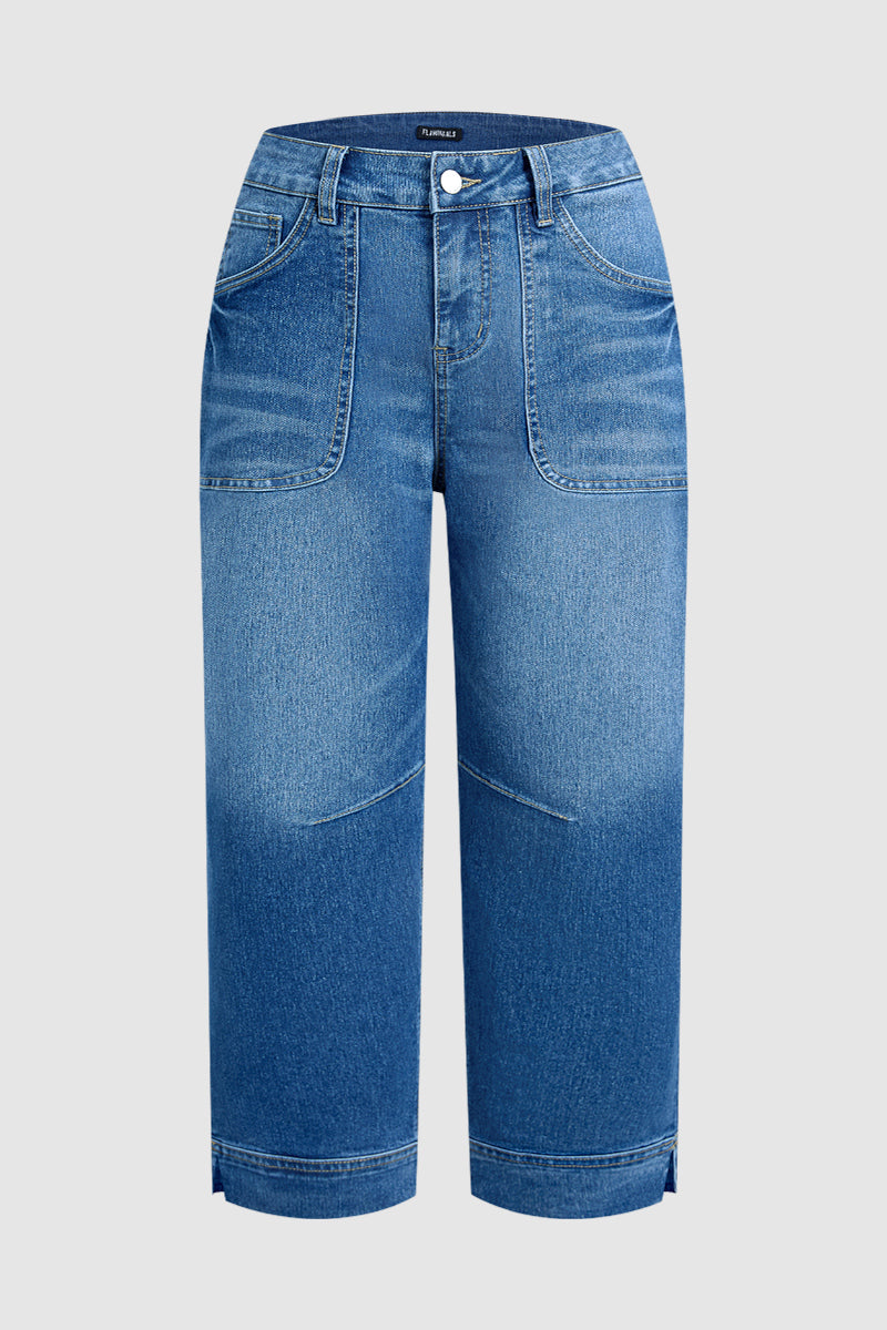 Wash Patch Pocket Split Hem High Rise Straight Leg Crop Jeans Without Belt