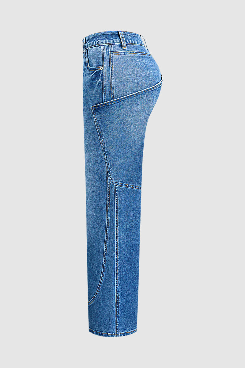 Stitch Detail Straight Leg Mid Waist Jeans Without Belt
