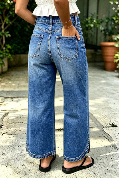 Wash Split Hem Dual Button Mid Rise Wide Leg Jeans