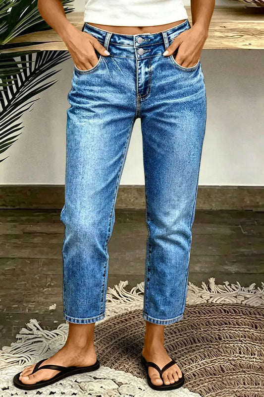 Wash Dual Button Mid Rise Straight Leg Crop Jeans