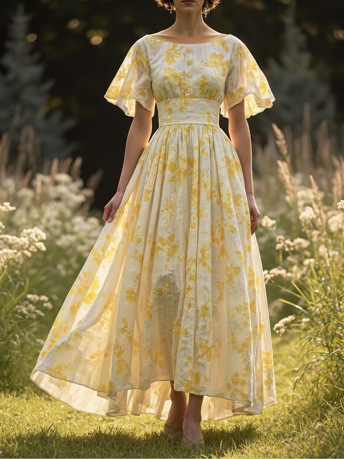 Robe longue en lin, manches cloche, col bateau, fleuri, vintage, jaune