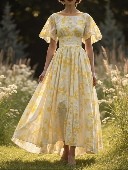 Robe longue en lin, manches cloche, col bateau, fleuri, vintage, jaune