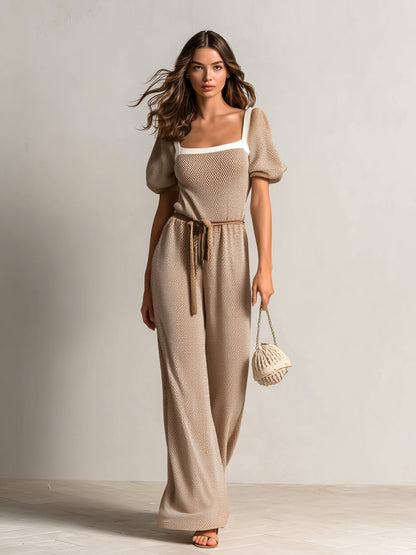 Chic Elegant Camel Square Neck Short Lantern Sleeve Contrast Trim Detail Tie-Waist Loose-Fit Wide-Leg Knit Jumpsuit