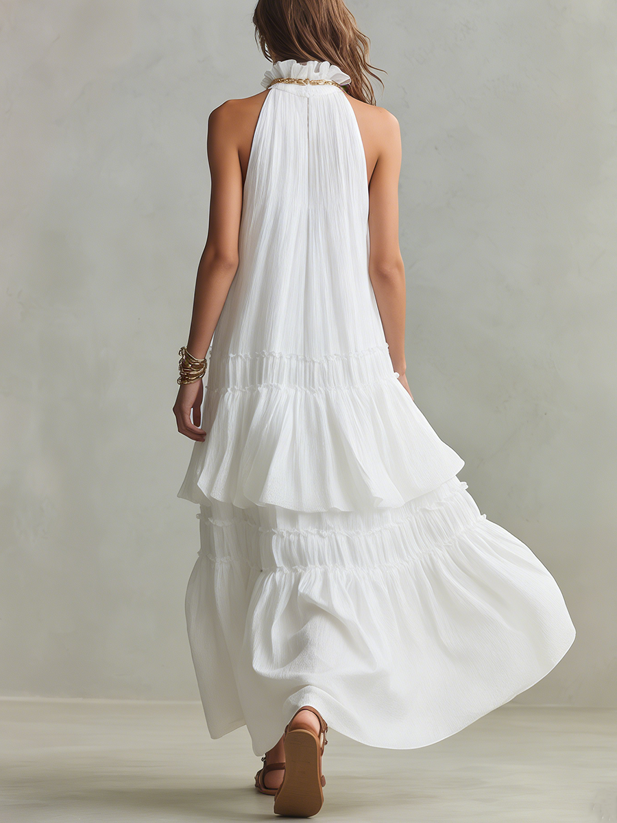 Robe longue bohème vaporeuse à col montant et volants