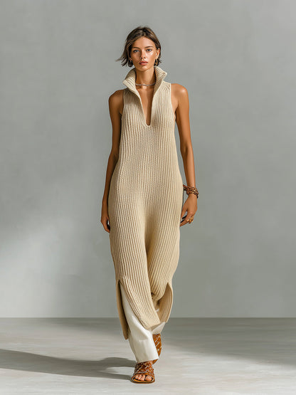 Chic Elegant Beige Stand Collar V-Neck Sleeveless Loose-Fit Side-Slit Ribbed Knit Maxi Dress