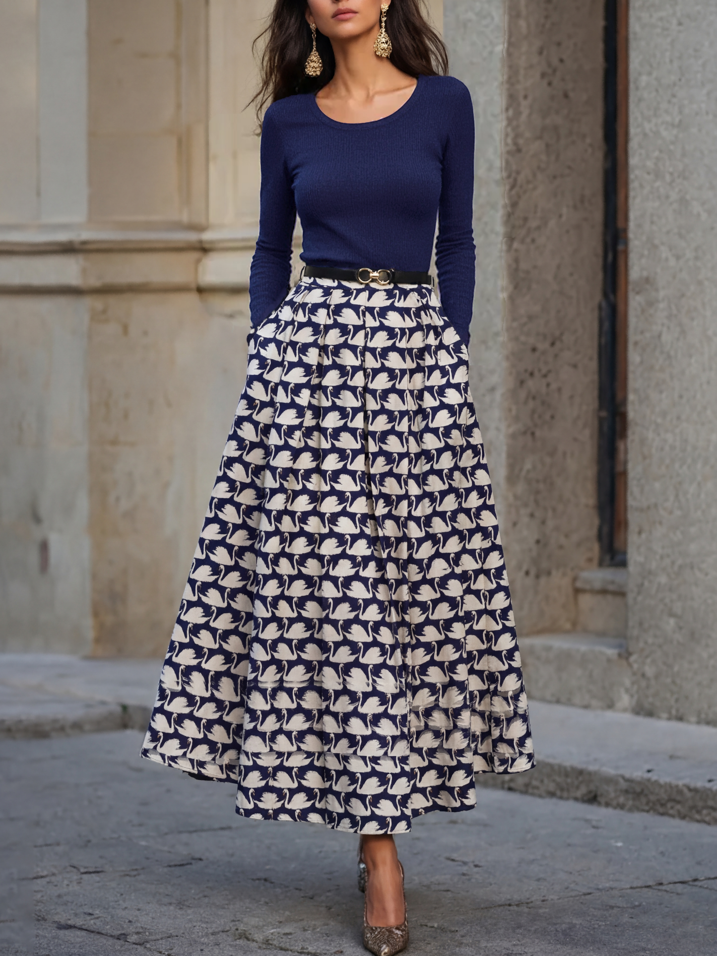 Maille lin-coton mélangé, manches longues, col rond, unie, bleu violacé