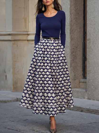 Maille lin-coton mélangé, manches longues, col rond, unie, bleu violacé