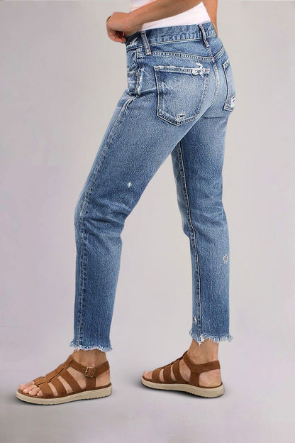 Raw Hem Ripped Mid Rise Straight Leg Crop Jeans