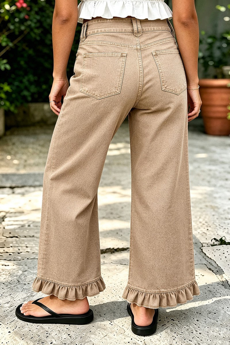 Ruffle Hem Mid Waist Wide Leg Pants