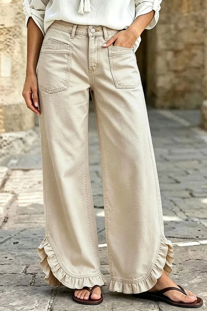 Solid Patch Pocket Ruffle Hem Mid Waist Wide Leg Pants