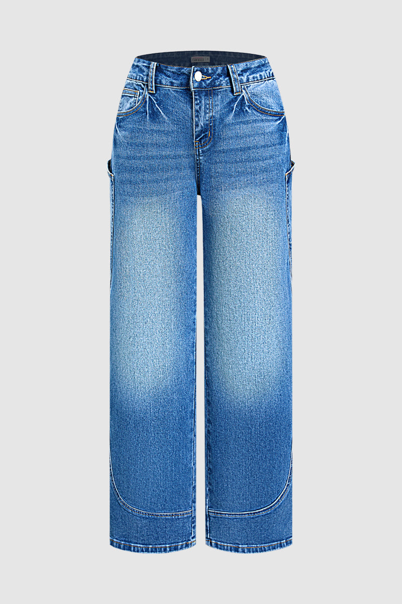 Stitch Detail Straight Leg Mid Waist Jeans Without Belt