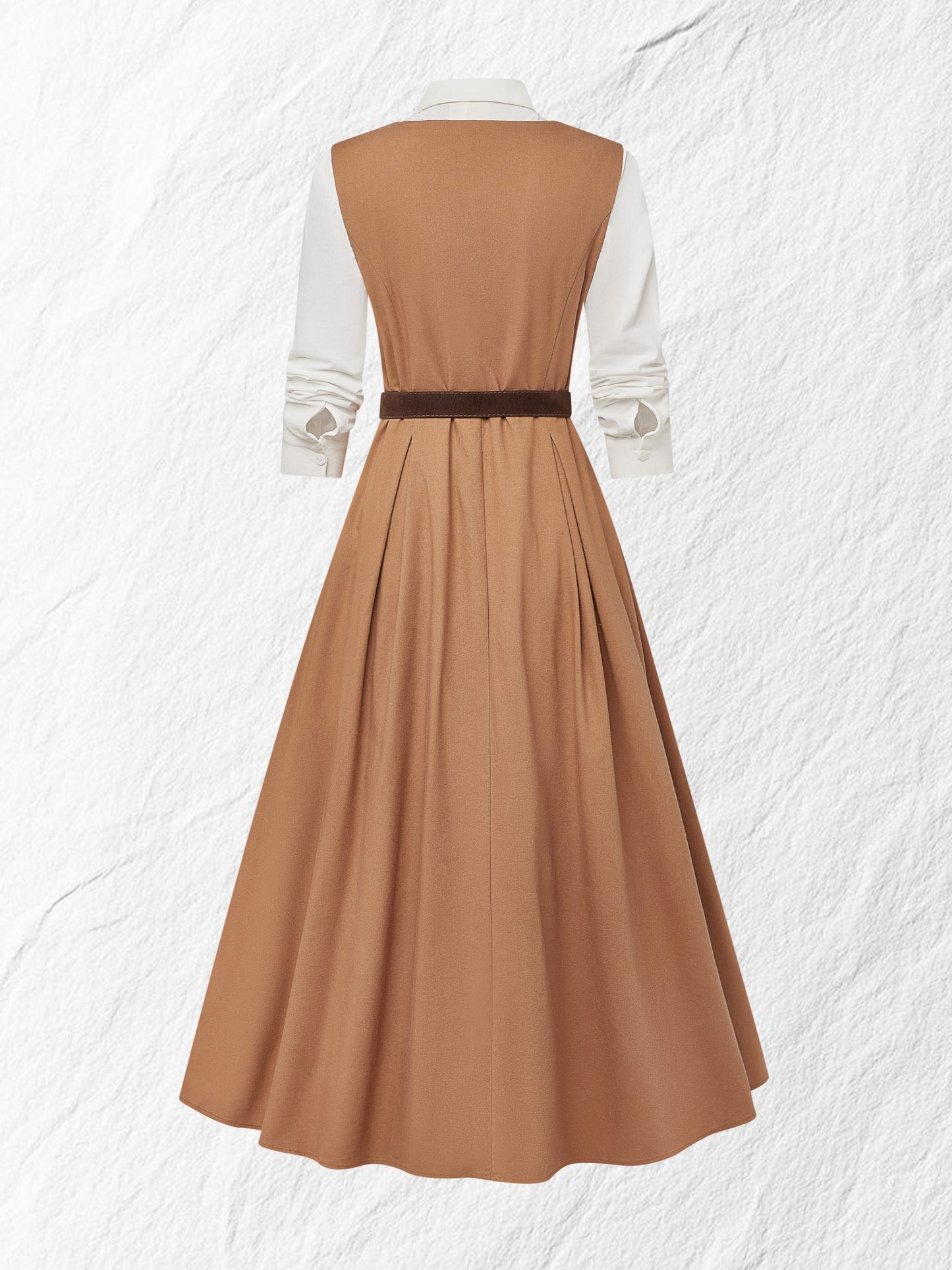 Ensemble Robe Longue Lin & Chemise, Manches Longues, Col Châle, Uni, Boutonné, Vintage Français, Marron Clair