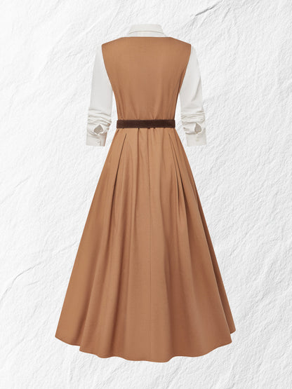 Ensemble Robe Longue Lin & Chemise, Manches Longues, Col Châle, Uni, Boutonné, Vintage Français, Marron Clair