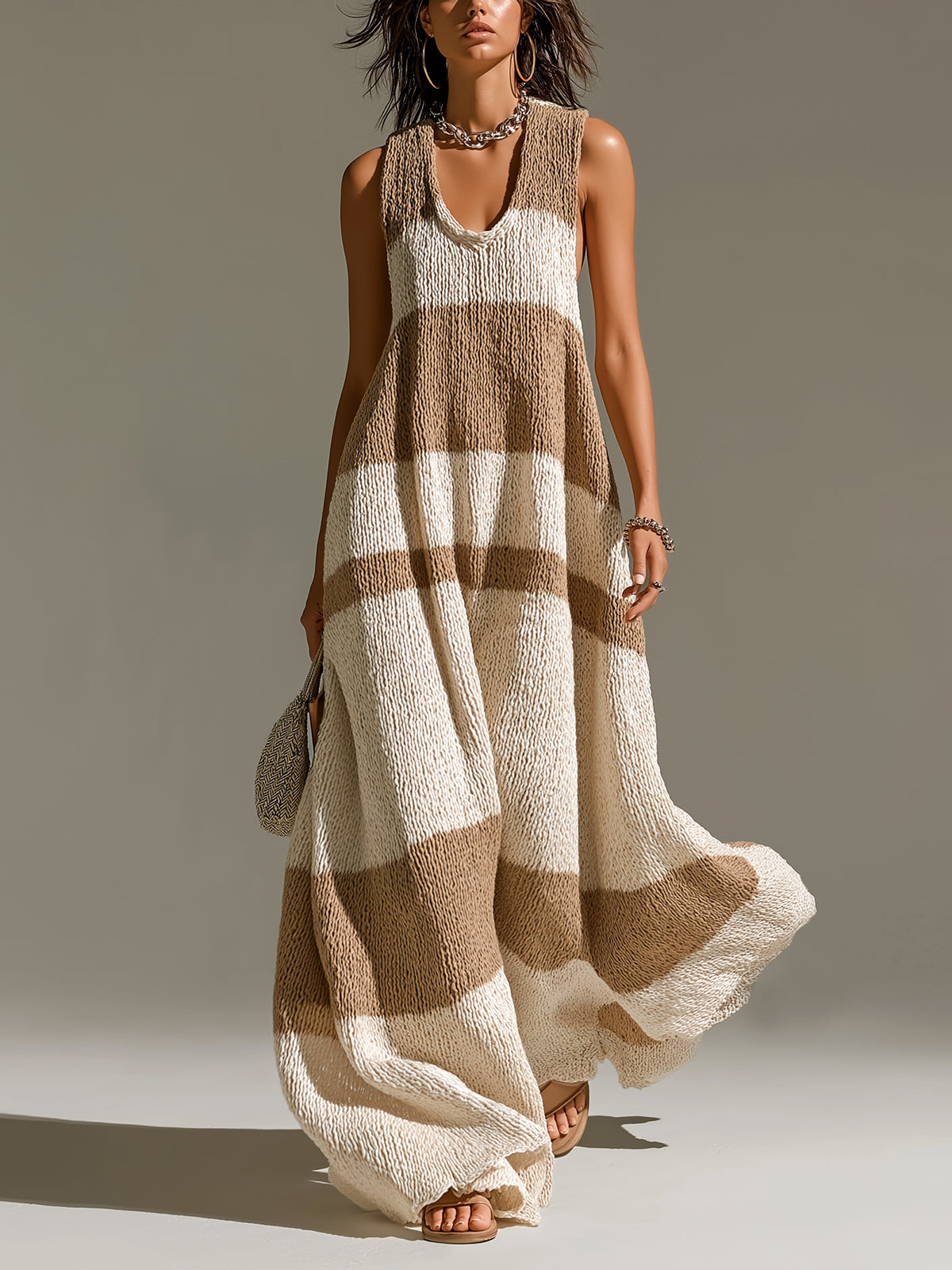 Chic Casual Camel-Beige Stripes U-Neck Sleeveless Oversize A-Line Knit Maxi Dress