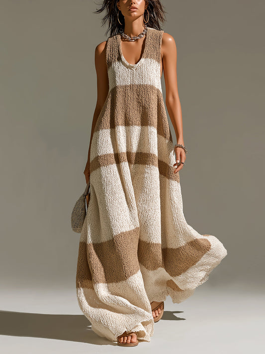 Chic Casual Camel-Beige Stripes U-Neck Sleeveless Oversize A-Line Knit Maxi Dress