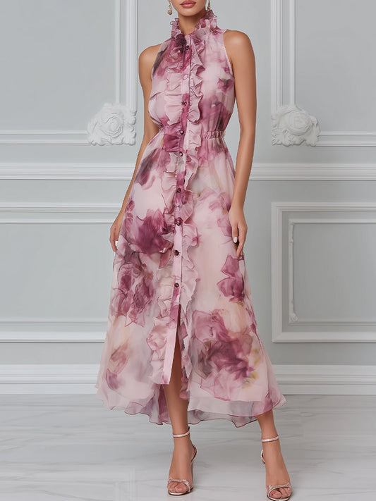 Ethereal Mauve Floral Chiffon Maxi Dress