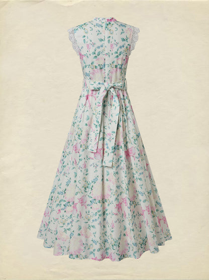 Robe longue en coton, sans manches, col en V, florale, en dentelle, vacances, vintage, abricot