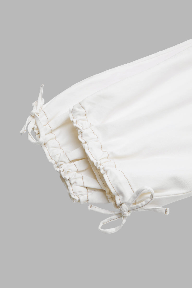 Solid Drawstring Stitch Detail Pleated Mid Waist Wide Leg Crop Pants Without Belt