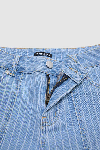 Pinstriped Flap Pocket High  Waist Denim Bermuda Shorts