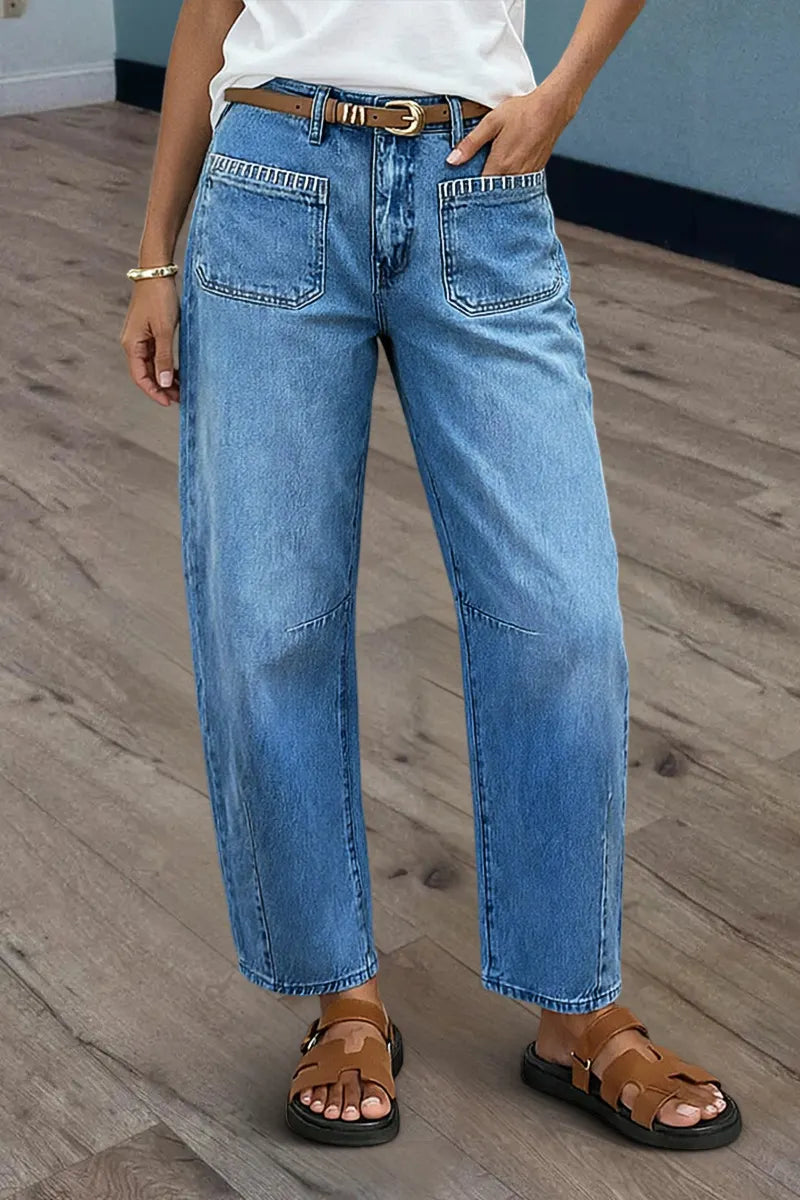 Wash Contrast Stitch Patch Pocket Mid Rise Barrel Leg Crop Jeans Without Belt