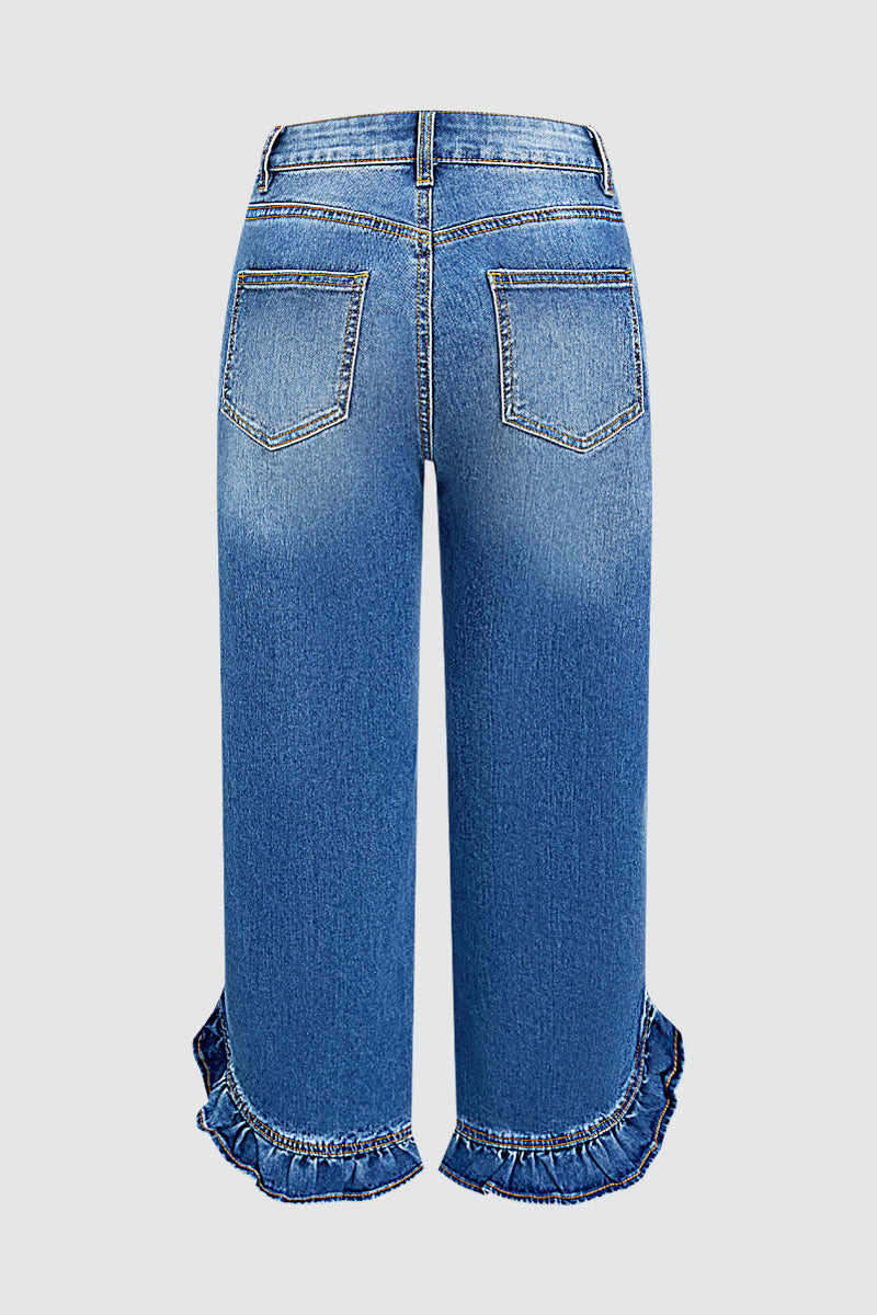 Wash Ruffle Hem Patch Pocket Mid Waist Straight Leg Jeans Without Belt