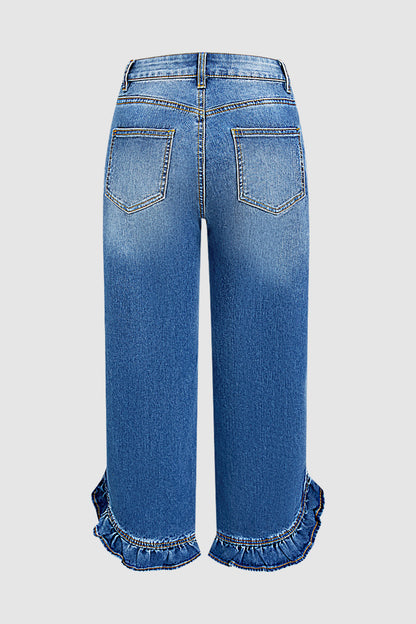 Wash Ruffle Hem Patch Pocket Mid Waist Straight Leg Jeans Without Belt