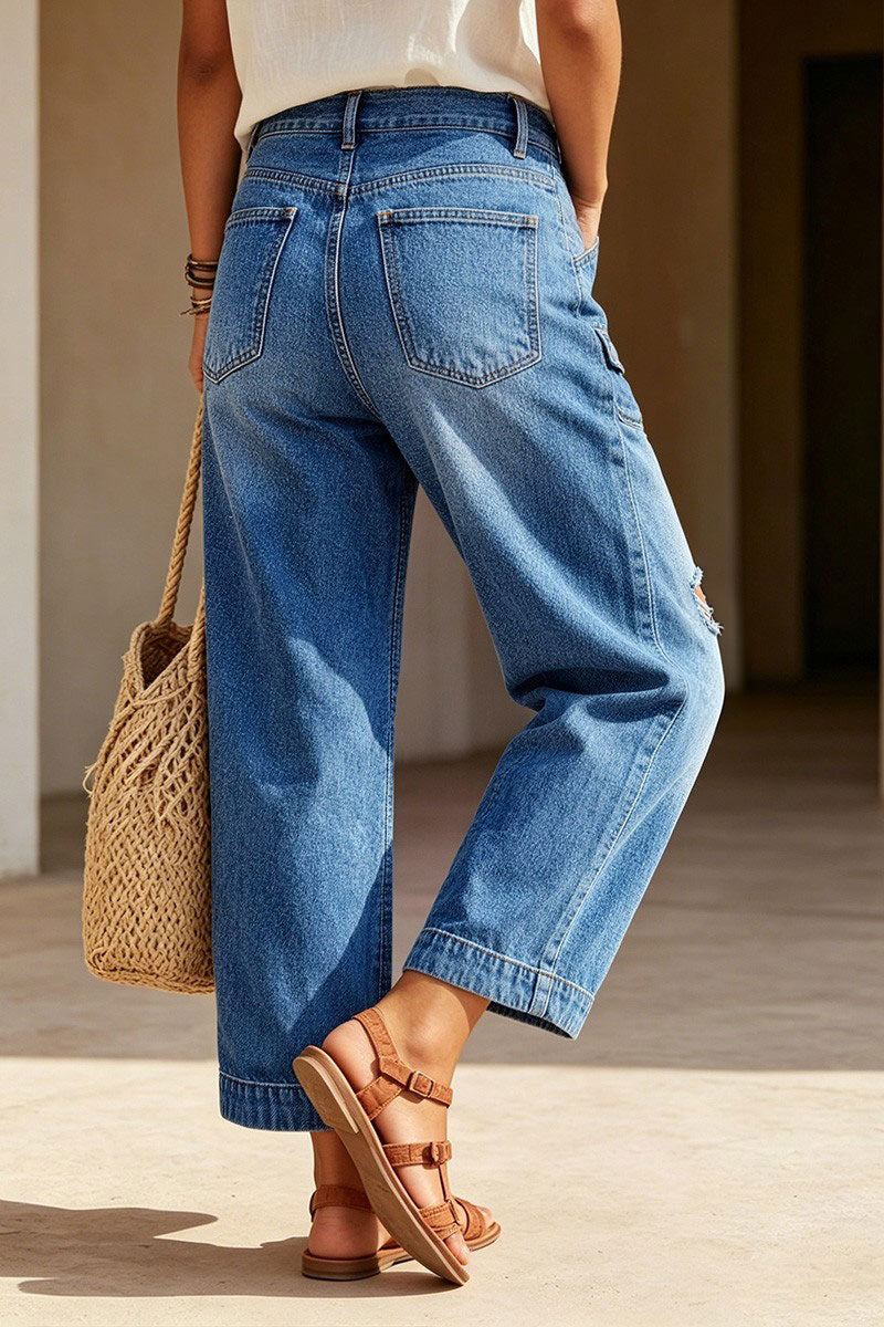 Ripped Flap Decor High Waist Straight Leg Cropped Jeans