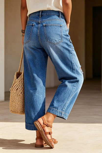Ripped Flap Decor High Waist Straight Leg Cropped Jeans