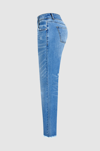 Raw Hem Ripped Mid Waist Straight Leg Crop Jeans