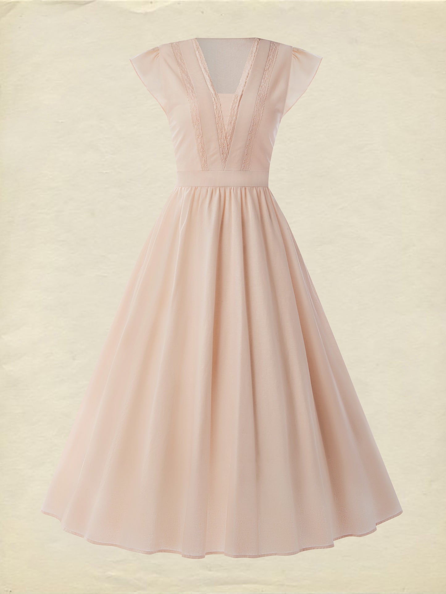 Robe midi en lin, manches courtes, col en dentelle, unie, vintage, rose clair