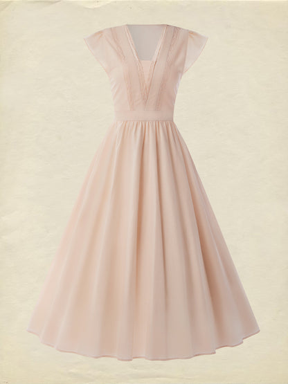 Robe midi en lin, manches courtes, col en dentelle, unie, vintage, rose clair