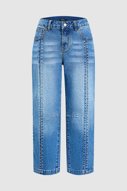 Wash Stitch Detail Mid Waist Straight Leg Cropped Jeans Without Belt