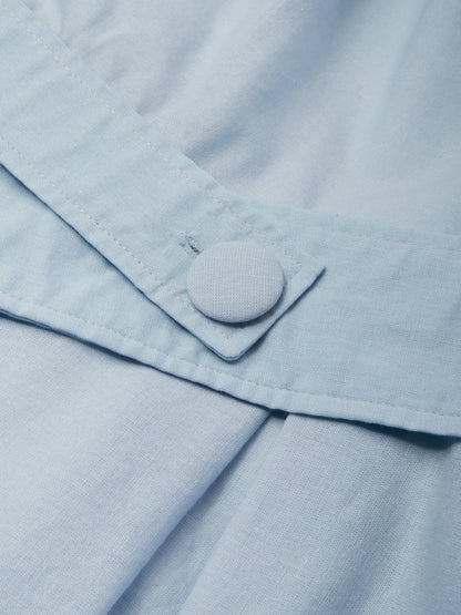Robe en Coton Midi, Manches Longues, Épaules Dénudées, Unie, Ceinture, Style Vintage Français, Bleu Ciel