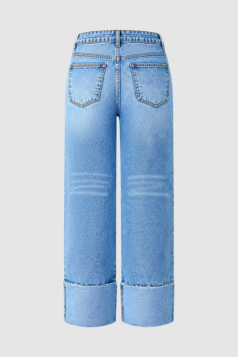 Wash Floral Embroidery Roll Hem Mid Rise Straight Leg Jeans