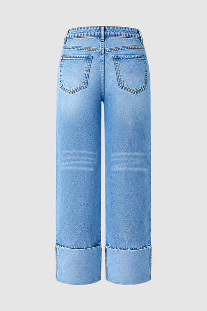 Wash Floral Embroidery Roll Hem Mid Rise Straight Leg Jeans