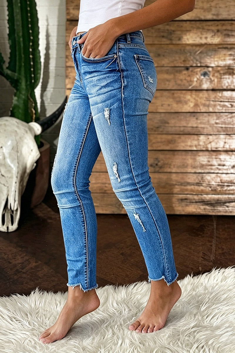 Wash Ripped Raw Hem Mid Waist Skinny Cropped Jeans