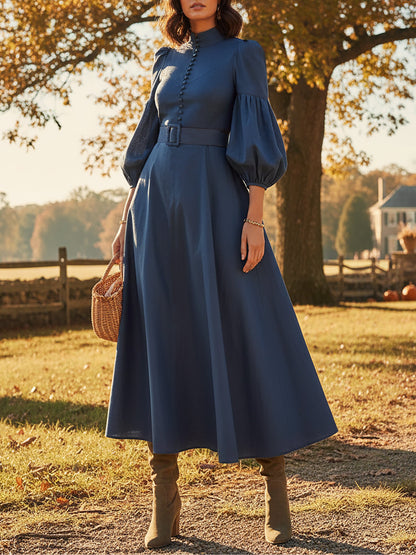 Robe longue en coton, demi-manches, col montant, unie, ceinture, vintage, bleu profond
