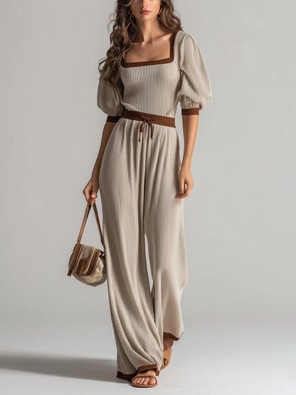 Chic Elegant Beige-Coffee Colorblock Square Neck Half-Sleeve Sweater Drawstring Waist Wide-Leg Pants Knit Two-Piece Set