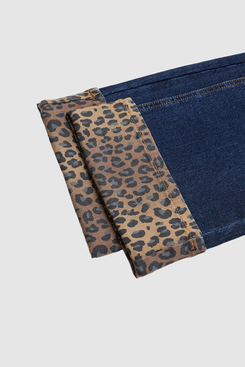 Leopard Print Studded Roll Hem Mid Waist Straight Leg Jeans