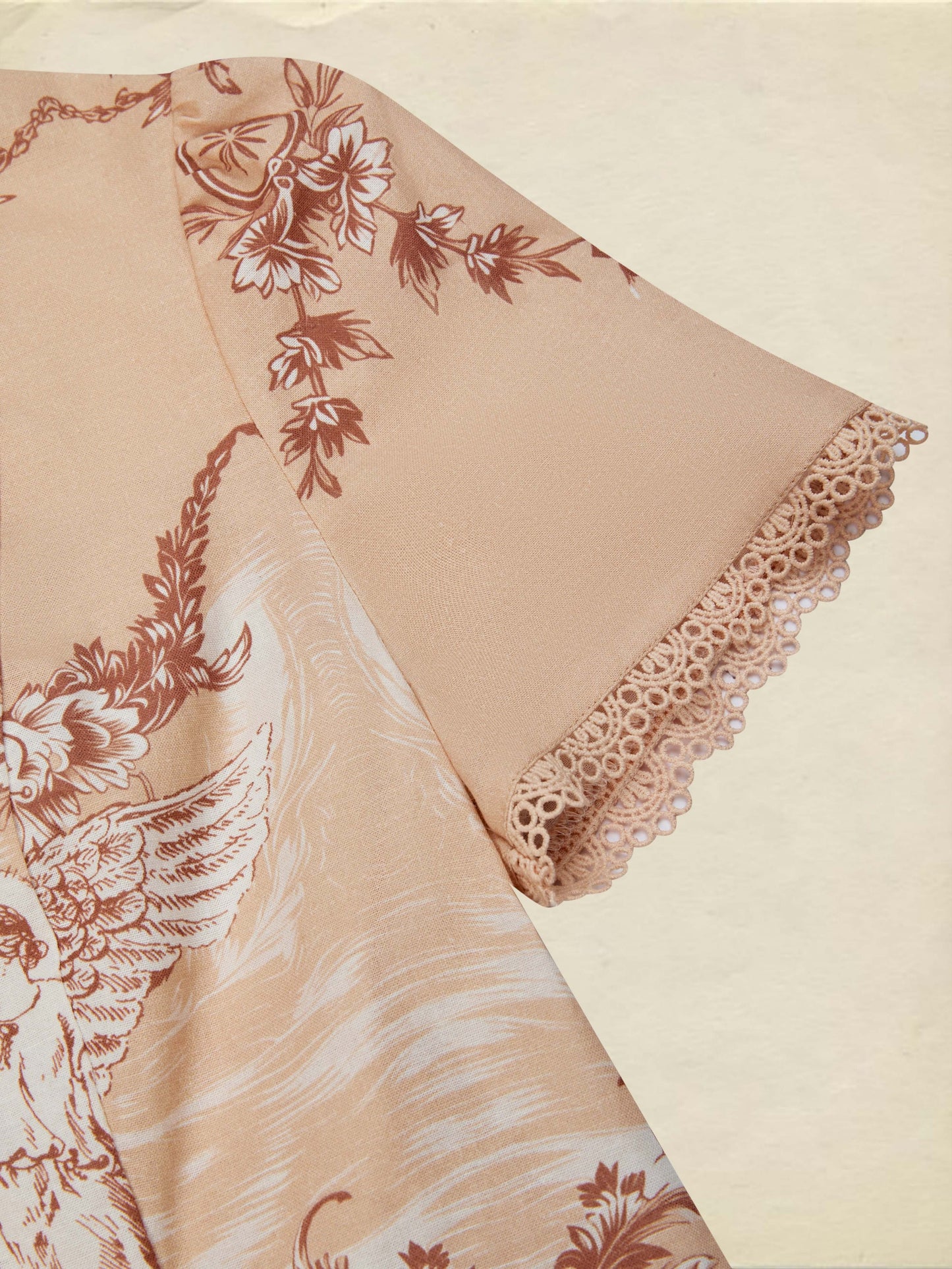 Chemise en coton, manches courtes, col officier, ange, dentelle, vintage, caramel