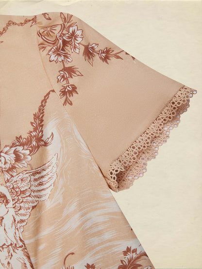 Chemise en coton, manches courtes, col officier, ange, dentelle, vintage, caramel