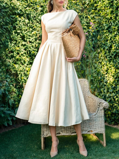 Robe midi en lin, manches courtes, col bateau, unie, vintage, blanc cassé