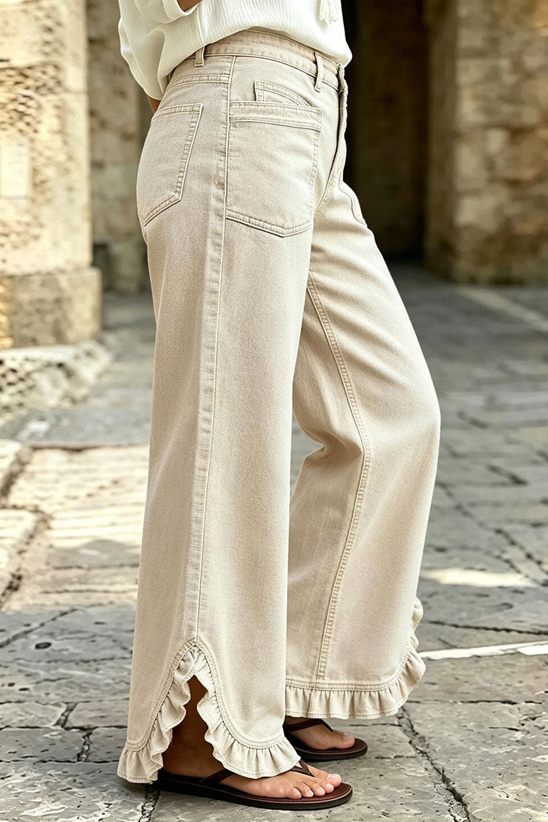 Solid Patch Pocket Ruffle Hem Mid Waist Wide Leg Pants